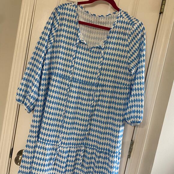 SHEIN • Blue + White Argyle Diamond Print Bohemian Light Maxi Dress - Picture 3 of 8